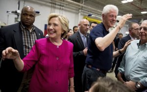 RELATED PRESS Democratic presidential candidate Hillary Clinton and previous President Bill Clinton greet people in the audience at a rally at K’NEX, a toy organization in Hatfield, Pa.,Friday, July 29, 2016. Clinton and Kaine start a three day bus trip through the rust gear.